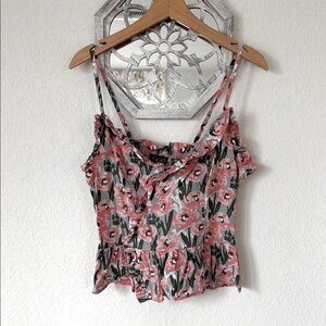GiGiO • Pink Floral Ruffle Peplum Cami Tank Top Spaghetti Strap Cottagecore